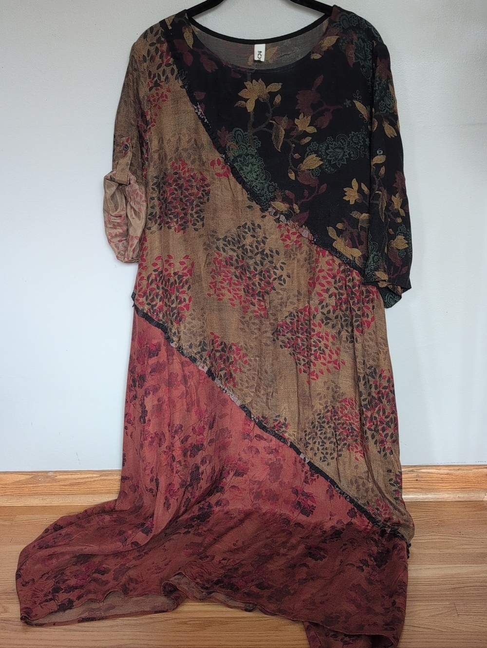 Asymmetrical Floral Patchwork Midi Dress in Burgundy and Olive - Unbranded